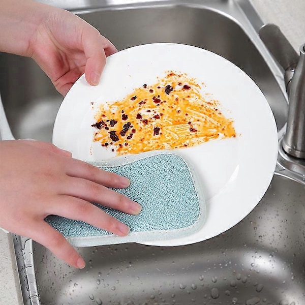 Blått sett med 1 gjenbrukbar mikrofiber oppvasksvamp - Vaskbar miljøvennlig dobbel svamp for non-stick panner, antibakterielle puter svamp for rengjøring