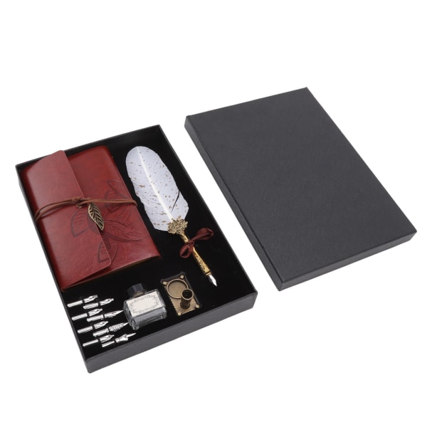 Quill Pen Notebook Set Klassisk lösbladspapper Feather Pen Notebook Present med 8 utbytbara spetsar för äldre lärare Vita prickar