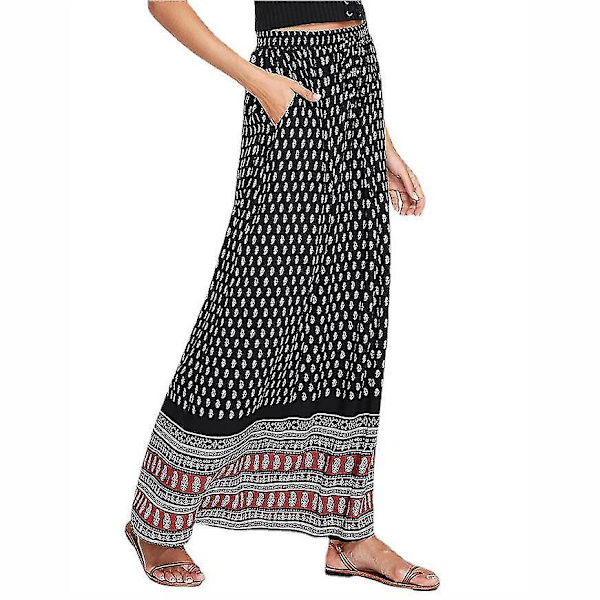 Leopardmønstret Bohemian Maxi-skjørt for kvinner L Svart, røde og hvite blomster