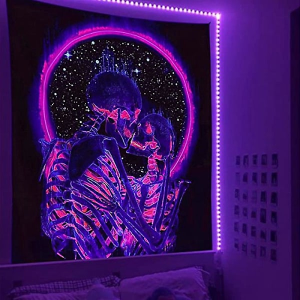 Blacklight Skull Gobelin, Kyssende Elskere Romantisk Gobelin UV Reaktiv Trippy Psykedelisk, Skjelett Veggkunst for Soverom Stue