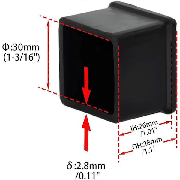 10 stk. tykke silikone benhætter til firkantede stoleben, sort gulvbeskyttelsesmåtte, 1-3/16 tommer x 1-3/16 tommer, 30 x 30 mm