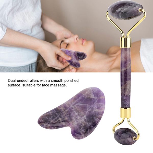 Naturlig ametist Dubbelhuvud Jade Stone Roller & Guasha skrotningsplatta Ansiktsmassageverktygssats