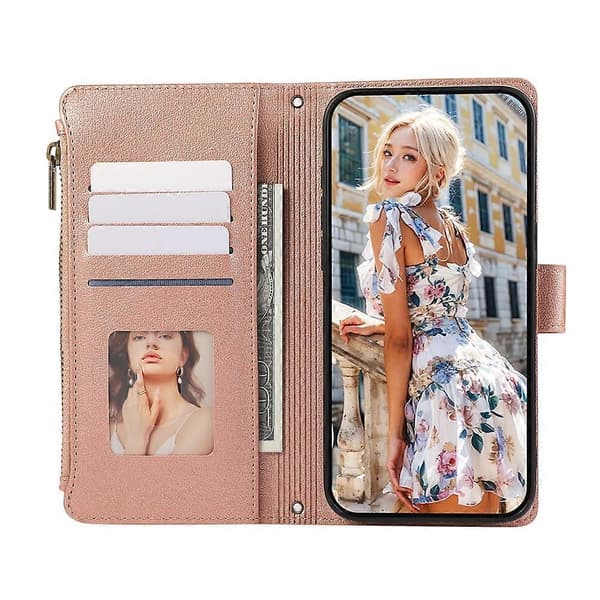 Compatible Case for Samsung Galaxy A56 5G, Multi-Slot, Zipper, Leather Case with Wrist Strap PinkGold