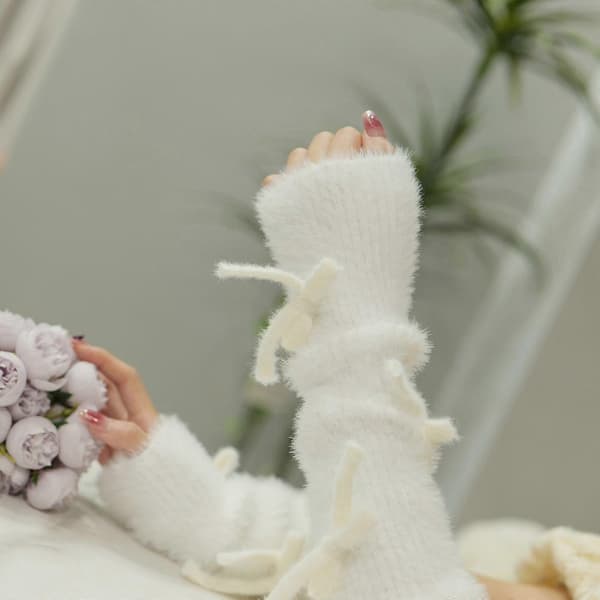 Brudehandsker til kvinder, elegante håndledsvarmere, pelsfingerløse handsker til Halloweenfest, hvide White