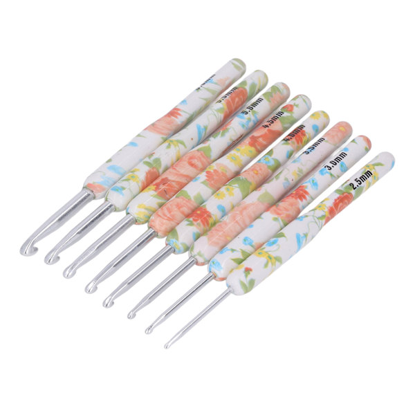 8 st Virknål Set Utskrift Aluminium Hantverk DIY Färgglad virknål Ergonomisk sticknål för stickare för sömnad Gul liten blomma