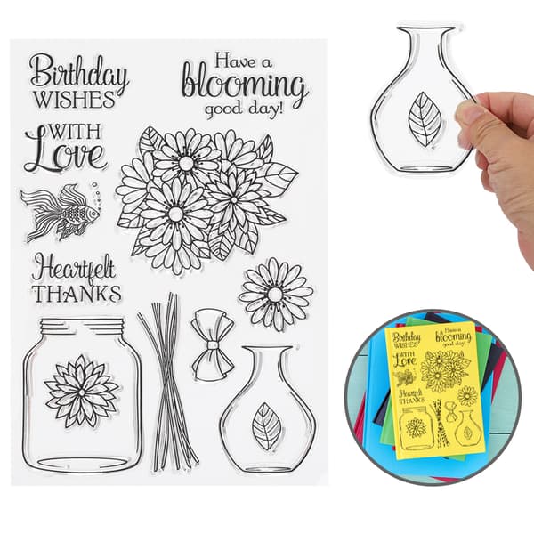 Transparent gummistämpel blomvasförsegling med skärform DIY för klippbokshantverkssamlingar