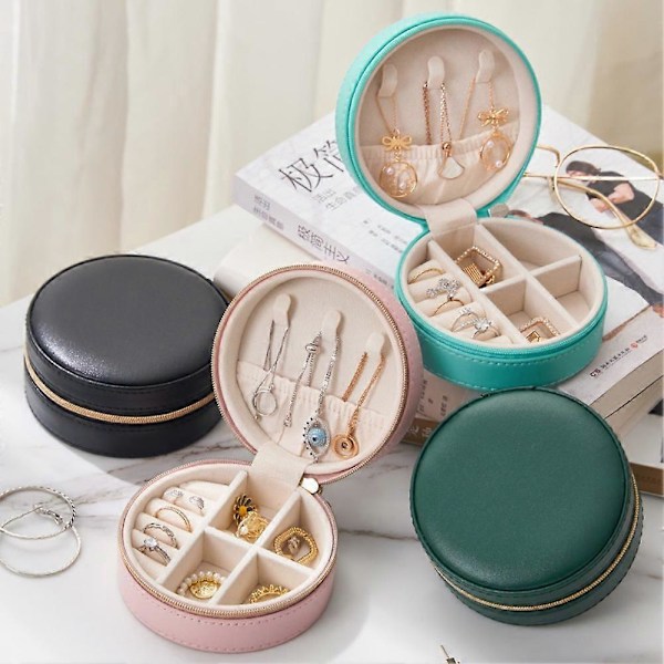 Bærbar Ørering Opbevaringsetui Rund Smykkeskrin Rejse Lynlås PU Læder Smykkeemballage Display Organizer Gaveæske - Pink