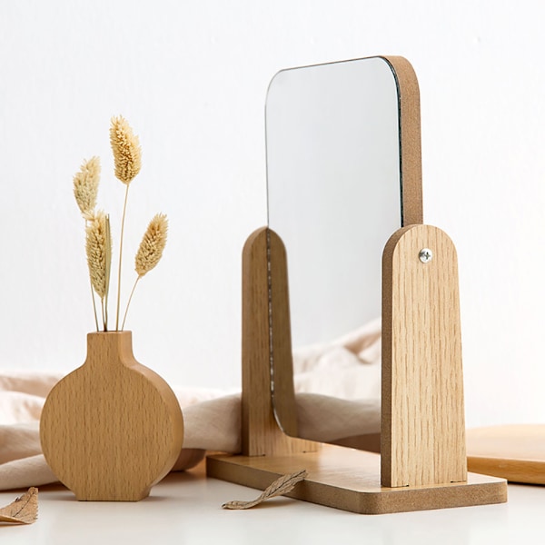 1 stk. 180° drejeligt træ makeup spejl skrivebord lille glas sølv spejl