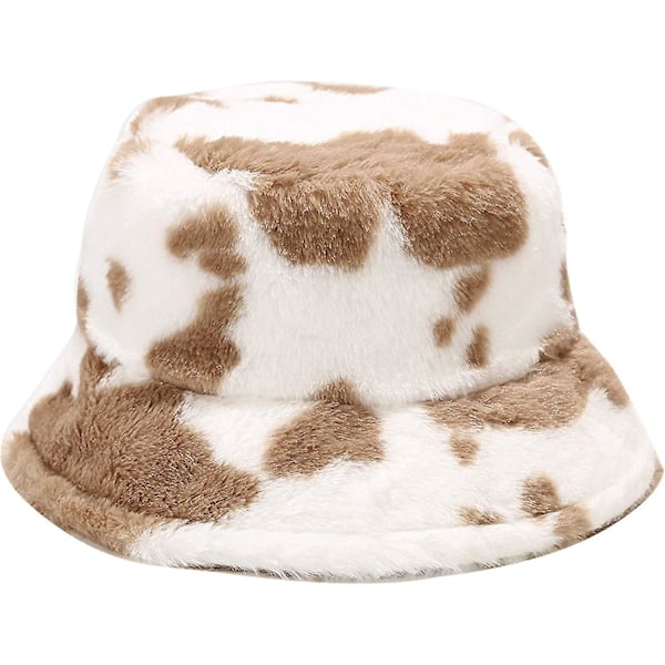 Vinter Faux Fur Bucket Hat Fluffy Varm Hat Til Kvinder Mænd Ko Print Khaki