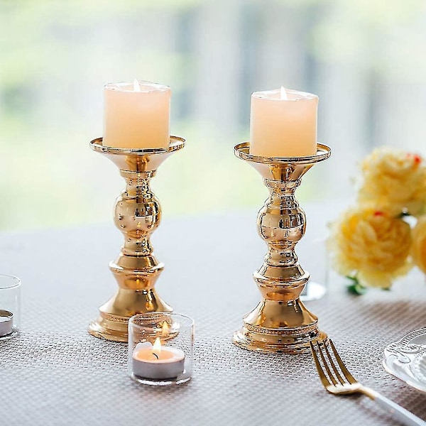 Set med 2 Guld Metall Kolonn Ljusstakar, Ljusstake Centerpiece för 50mm Ljus med Ställ Dekor för Bröllopsfest