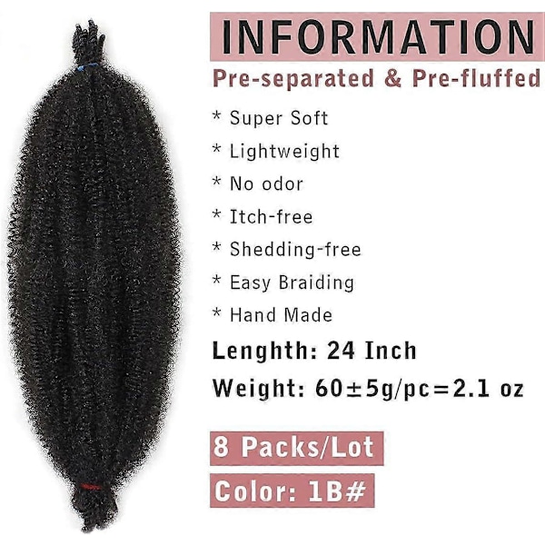 24 tuumaa Pr-spars Springy Afro Twist -hiukset, 8 pakkausta Pr-Fluffed Spring Twist -hiuksia Distressed Soft Locs -kampauksiin, luonnollinen musta Marley Twist -lettikampaus E