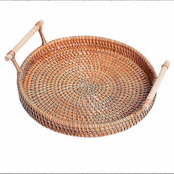 Flätad tallrik i rottingträ för förvaring av snacks, nötter, frukttallrik, amerikansk picknicktallrik Zekai 22cm-3cm