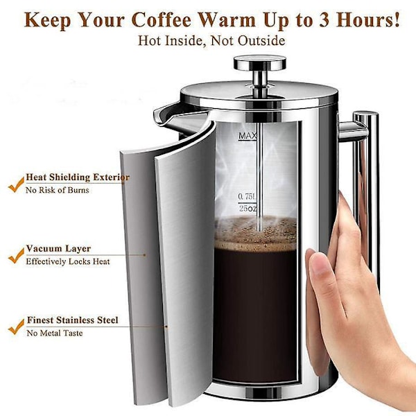 Isoleret Rustfrit Stål Fransk Presse Kaffemager, 27 Oz (800 Ml), Dobbelt Vægs Metalisolering, Nem at Rengøre