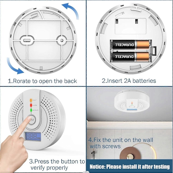 Kolmonoxid Detektor, Kolmonoxid Alarm, CO Detektor med LED-display (AA Batteri INGÅR EJ)