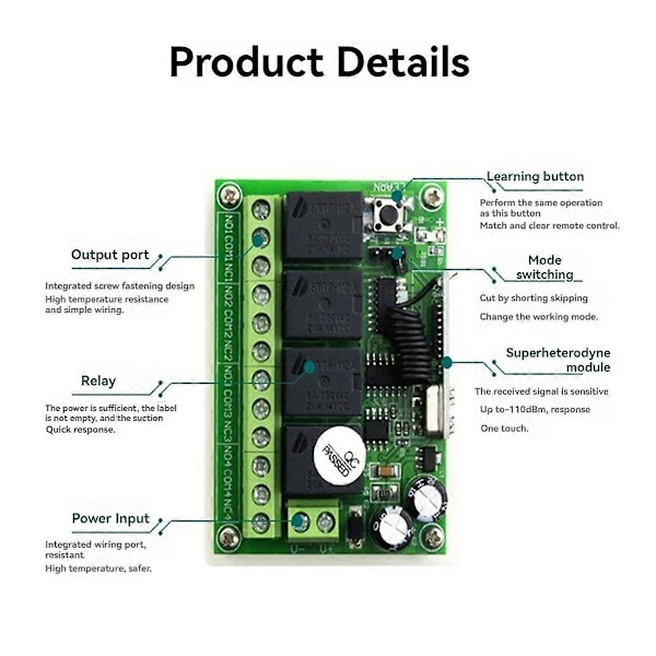 433MHz 12V 24V Relæmodul Modtager+200M Rækkevidde Sender RF