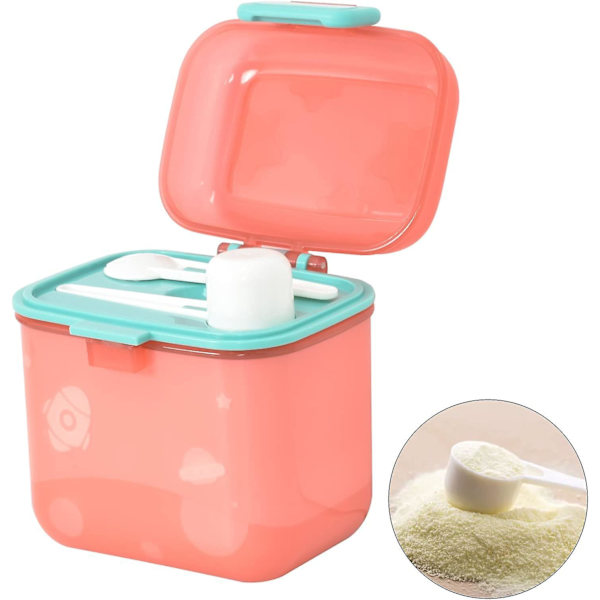 Lufttett rosa melkepulverdispenser - 480 ml kapasitet, med skje og gaffel
