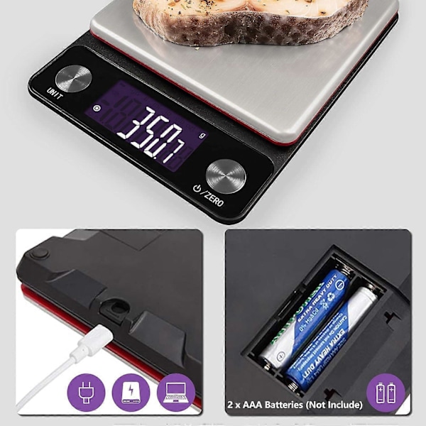 Digital genopladelig køkkenvægt 5 kg x 0,1 g multifunktionel rød vejepladevægt med LCD-baggrundsbelysning