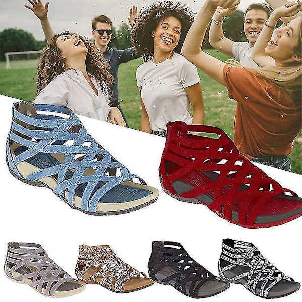 Dam Sandaler Sommar Strand Romerska Gladiator Sandaler med Bandage Design42 Röd