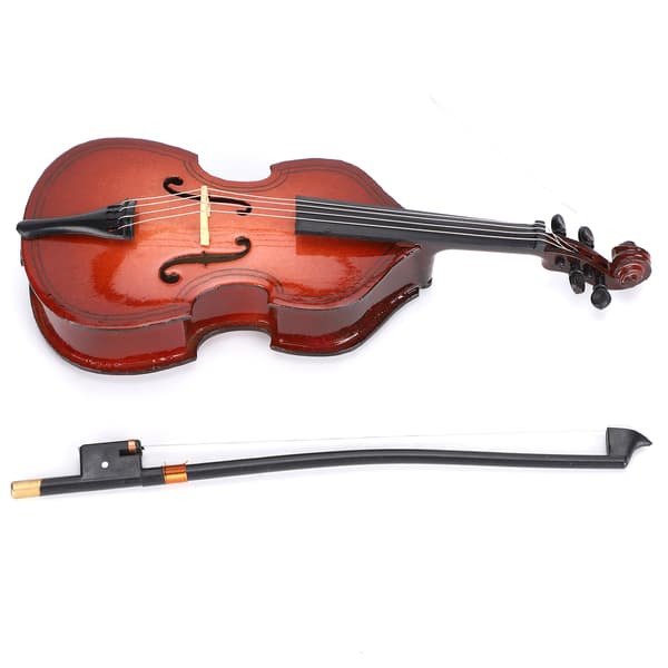 Miniatyr Musikinstrument Trä Basgitarr Modell Dockhusdekoration med Fodral och Stråke