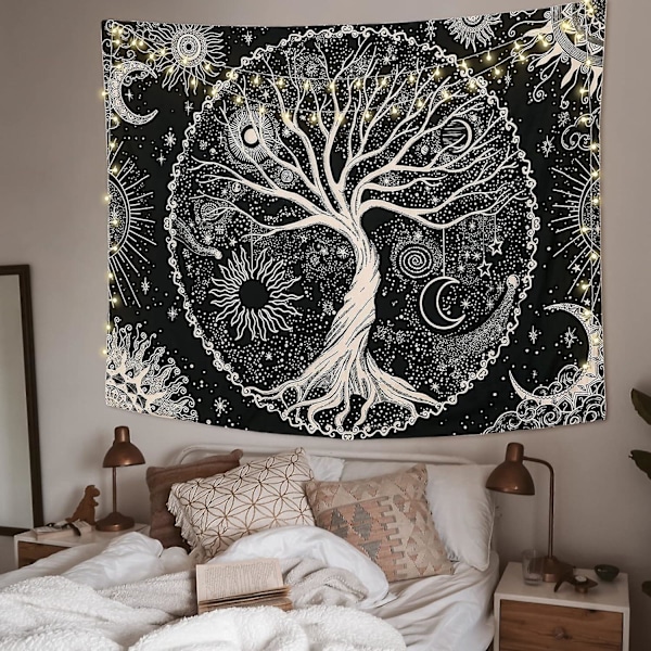 Elämänpuun seinävaate Kuu ja Musta Aurinko Psykedeelinen seinävaate Mandala Tähtitaivas Hippi-seinävaate makuuhuoneeseen (130x150cm)