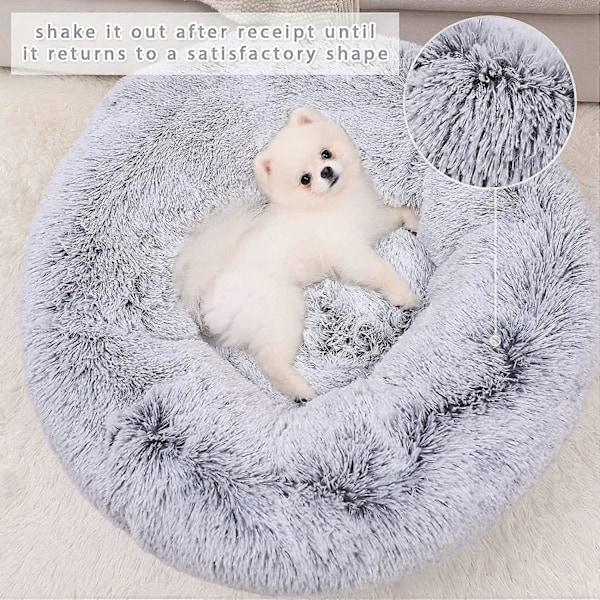 Lugnande Hundbädd för Små Hundar, Bekväm Självvärmande Rund Hund- & Kattsäng med Fluffig Fuskpäls för Anti-Ångest och Mysighet (71x71 cm, Ljusgrå)