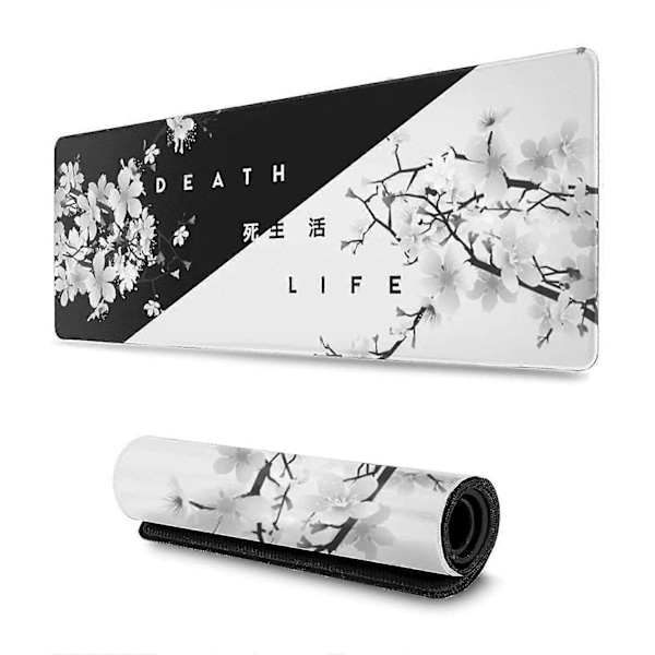Svart og hvit japansk kirsebærtre gaming musematte, utvidet stor musematte skrivebordsmatte, sydde kanter musematte, lang sklisikker gummibase musematte