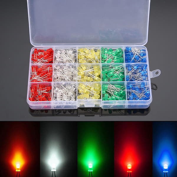 500 stk. 3 mm LED-lysdiode 5 farver rød gul blå grøn hvid LED-lampe lysdiode sæt