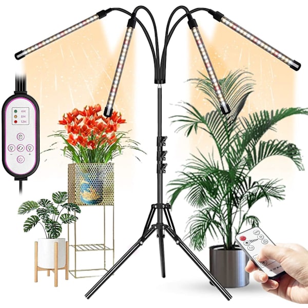 Uppgraderat 80-LED Full Spectrum Grow Light med 10 dimningsnivåer, 4-huvuddesign, timer och oberoende kontroll för inomhusväxter