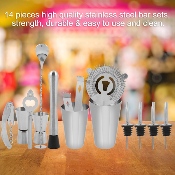 14 stk. rustfrit cocktail shaker mixer drikker drikkeværktøj bar gave (600, 450 ml)