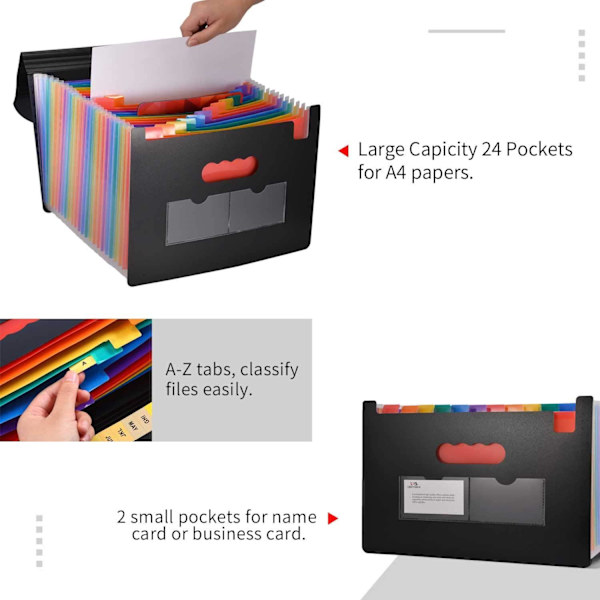 (Rainbow) A4-dokumentsortering, harmonikabinder med 24 rum, skrivebordsorganisator i plast, der kan udvides med låg
