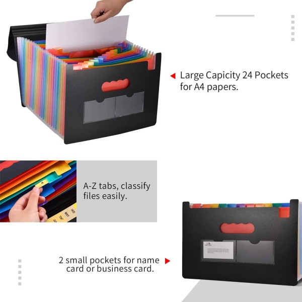 (Rainbow) A4-dokumentsortering, trekkspillperm med 24 rom, utvidbar skrivebordsarrangør i plast med lokk