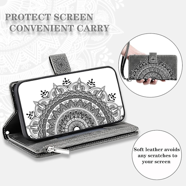 Til Samsung Galaxy A54 5G PU Læder Mandala Blomst Præget Håndtaske Lynlåslomme Etui Stativ Flere Kort Slots Flip Cover med Rem-B6 Grå