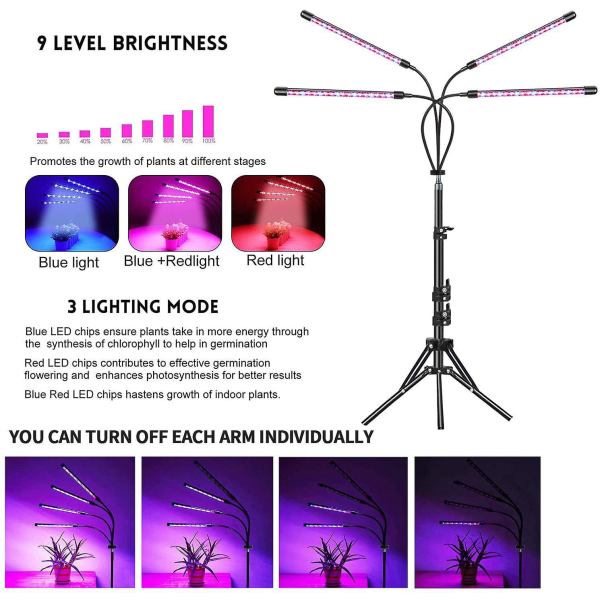 Päivitetty 80 LEDin täyden spektrin kasvuvalo, jossa on 10 himmennystasoa, 4-päärakenne, ajastin ja itsenäinen ohjaus sisäkasveille