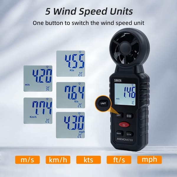 3-i-1 Bærbar Digital Anemometer, 0-45m/s Måling af Vindhastighed, Vindkraft og Vindtemperatur, Ideel til Navigation og Flyvning
