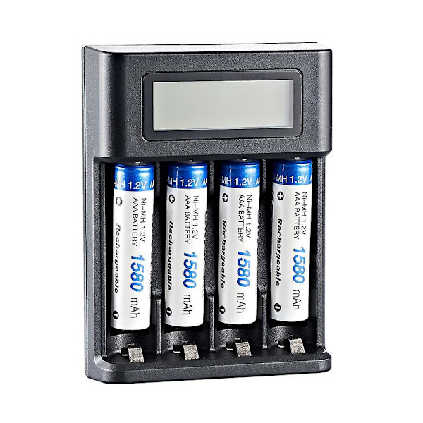 Smart digital oplader til 4 AA- og AAA-batterier, sort