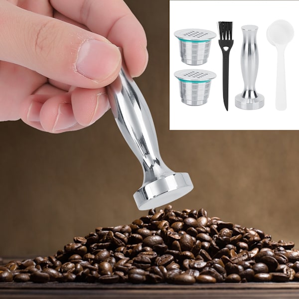 2 st återfyllningsbara kaffekapslar i rostfritt stål med presspulverhammare-kit, passar för Nespresso-maskin