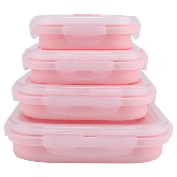 Bärbar Silikon Lunchlåda Set Vikbar Mikrovågssäker Matlåda Matbehållare Rosa