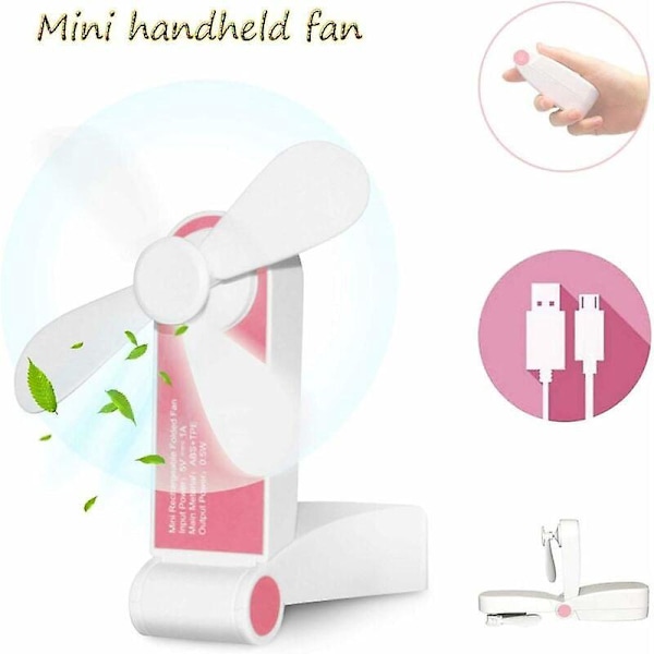 Vifter Mini Sammenleggbar Lommevifte Bærbar Håndvifte USB Oppladbar Vifte Batterier Små Reisevifter for Hjem, Kontor, Camping - Rosa