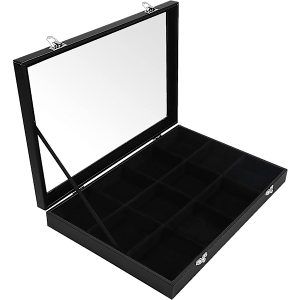 Sort Smykkeorganisator i Velour med 12 Rum & Glaslåg - Smykkebakke i Filt med Justerbare Rum - Øreringe, Ringe, Halskæder & Armbånd