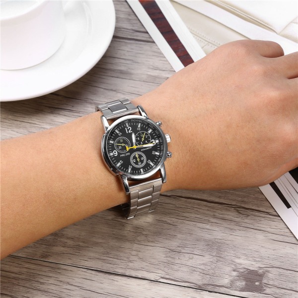 Menn mannlig analog klokke i rustfritt stål armbåndslegering armbåndsur (svart)