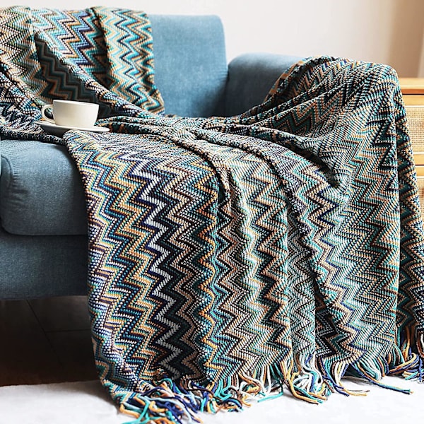 Sininen neulottu Houndstooth Bohemian Plaid Tupsupeitto 130x230cm