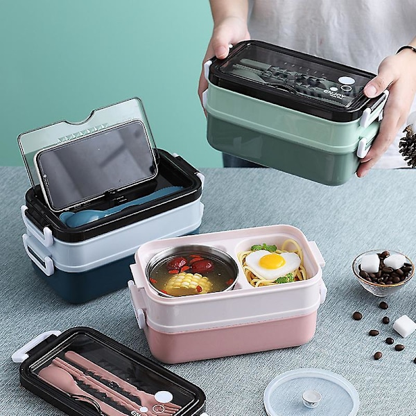 Stackbar Stapelbar Lufttät 304 Rostfritt Stål Plast Lunchbox Bento Matförvaringsbehållare Grön