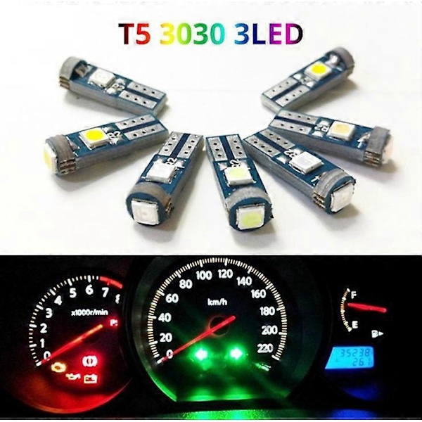T5 LED-lyspære (pakke med 10, hvitt lys) T10 3030 3smd 3led instrumentlys, egnet for internt speedometer, instrumentpanel, indikatorlys