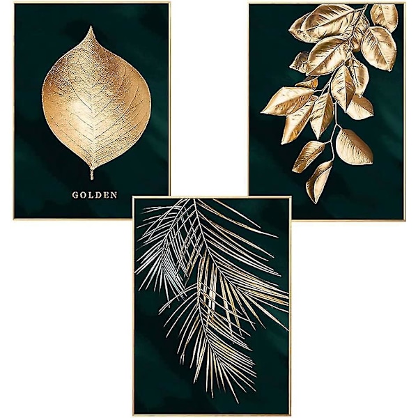 Set med 3 Design Väggaffischer Skog Guldblad Palm Träd Ramlös Väggkonst Dekor För Vardagsrum