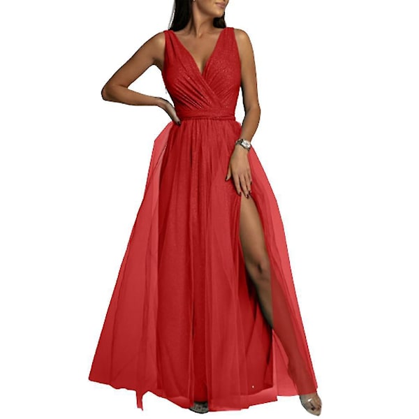 Red V Neck Maxi Dress for Women - Elegant Bridesmaid Wedding Gown