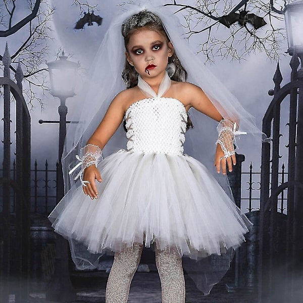Eteerinen morsian Halloween-asu teini-ikäisille - Tutu-mekko, jossa käsineet, huntu ja cosplay-asusteet XXL 10-11 vuotta