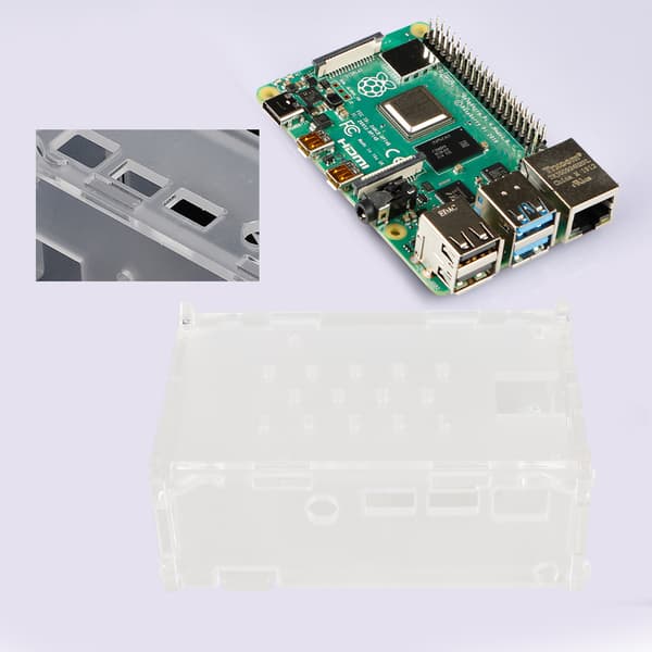 Akrylhus med 5V køleventilator, 3 køleplader, kamerabeslag monteringshul til Raspberry Pi 4B