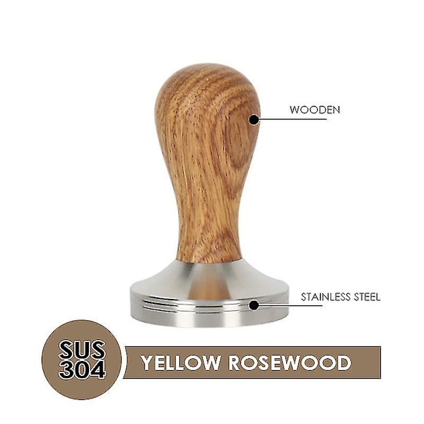 Kaffetamper i rustfritt stål med gul palisanderhåndtak, flat base 51mm
