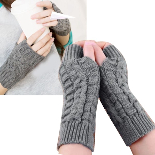 1 par strikkede halvfingerhansker Jacquard akryl varme tykke myke grå hansker for vinter