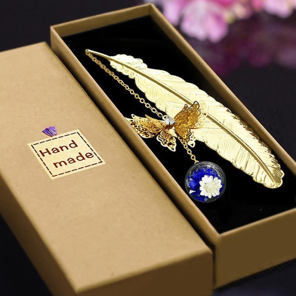 Gullmetallfjærbokmerke med 3D-sommerfugl og evig tørr blomst (blå) - perfekt gave til kvinner, menn, barn og jenter